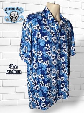 Men's Tattoo Golf Aloha Cool-Stretch
 Hawaiian Golf Shirt Blue Size Medium